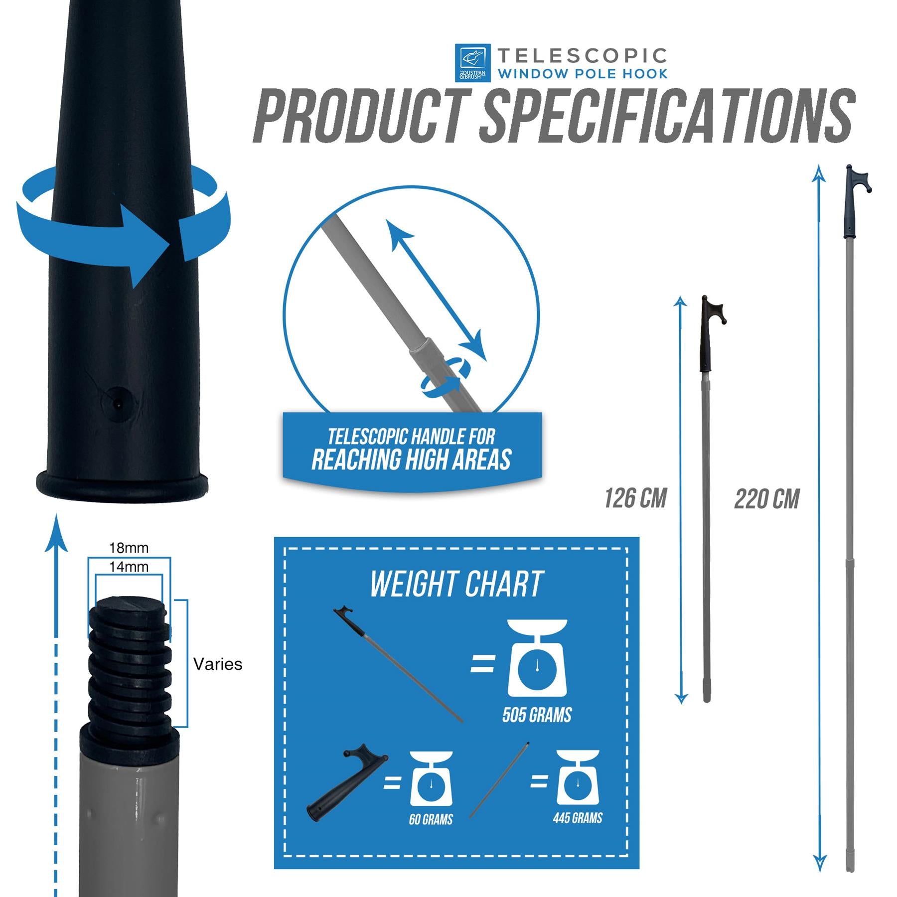 Telescopic Boat Hook 126–220cm | Grey Handle