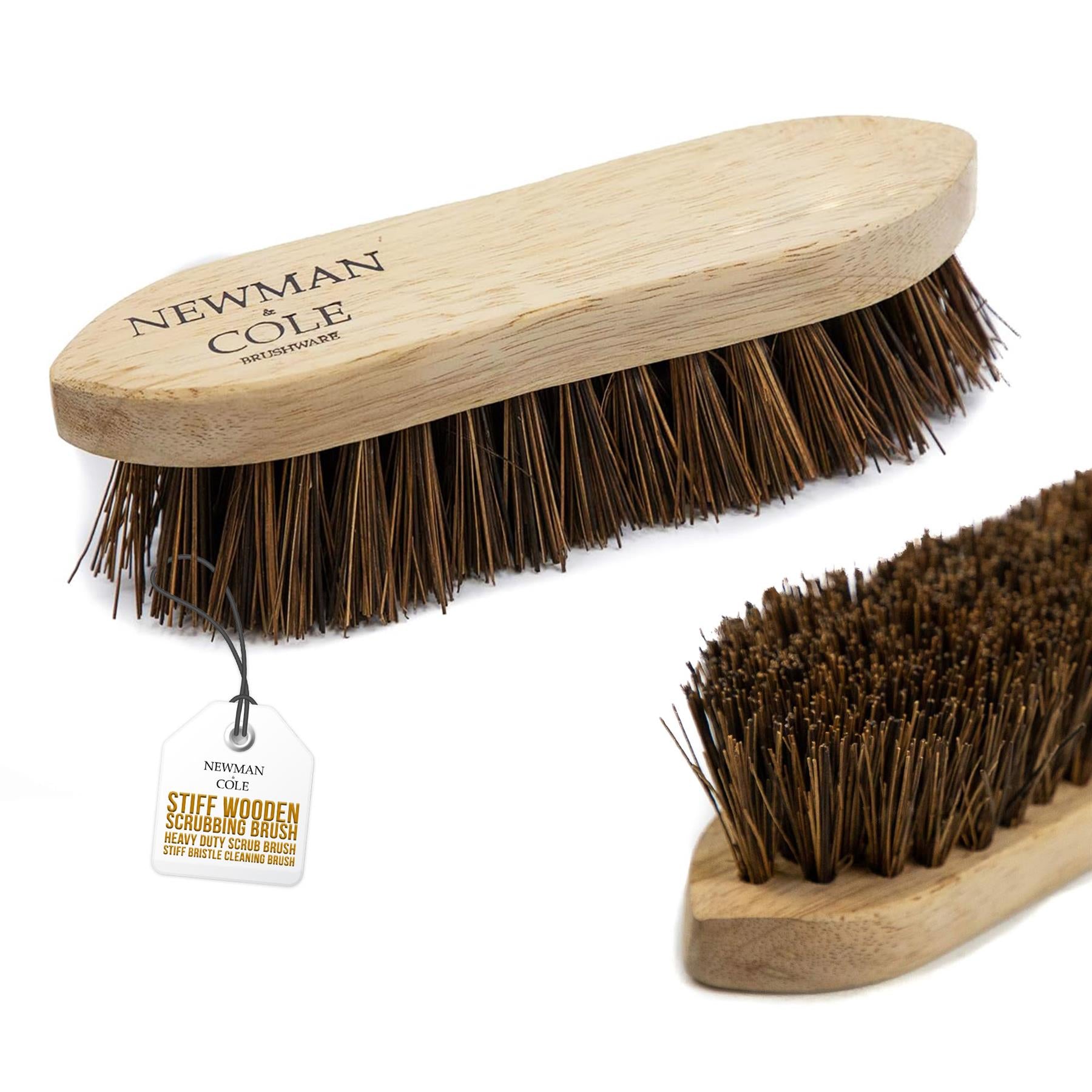 Wooden scrub brush with bassine bristles, with 'Newman Cole' branding, on a white background.