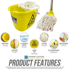 Colour Coded Yellow/White Caution Warning Mop Bucket & Mop