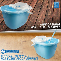 A light blue plastic floor mop bucket with a white wringer basket and handle, shown in two usage-style panels on wood and laminate flooring with promotional text. A small blue logo appears in the top right, and a badge says the mop is not included (sold separately).