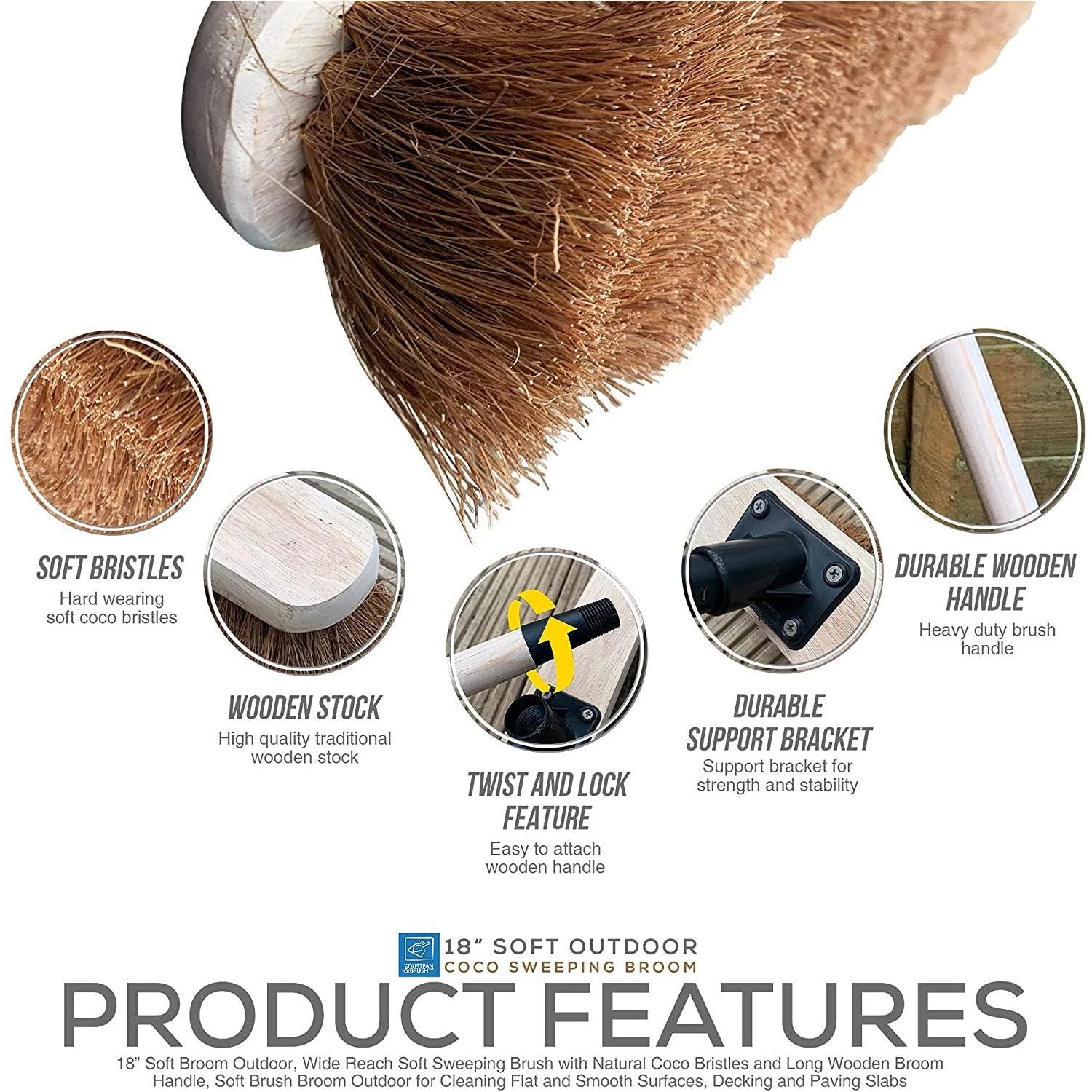 18" Natural Coco Screw Fit Broom Head and Wooden Handle