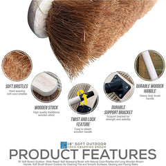 18" Natural Coco Screw Fit Broom Head and Wooden Handle