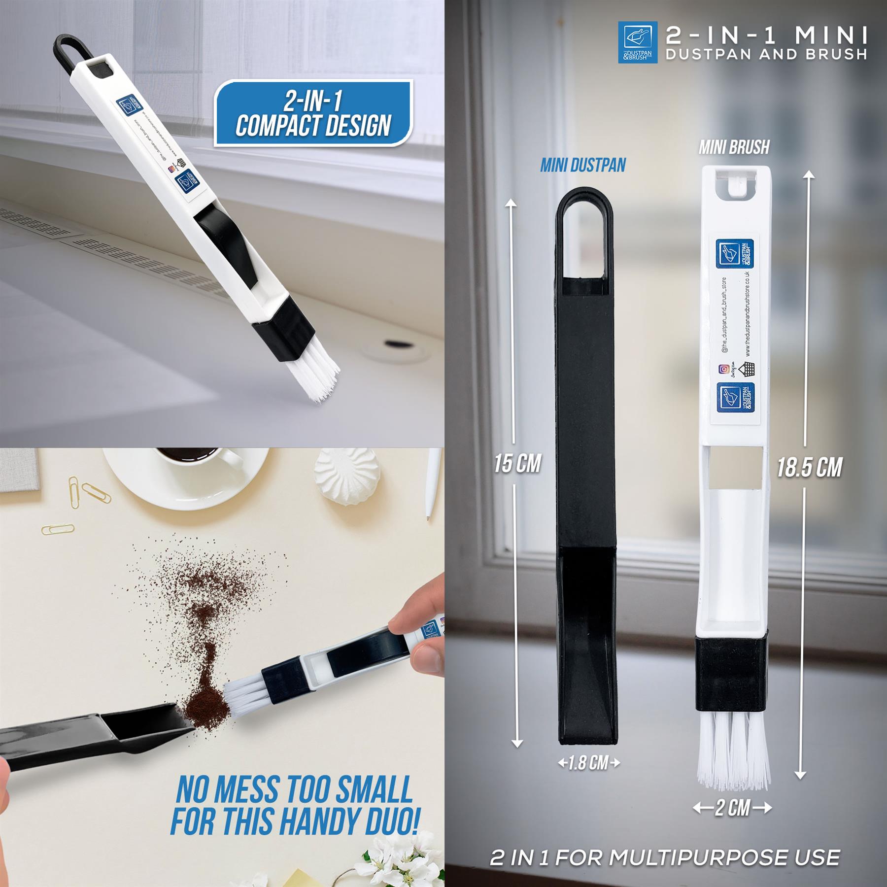 2-in-1 mini dustpan and brush with compact design and measurements shown.