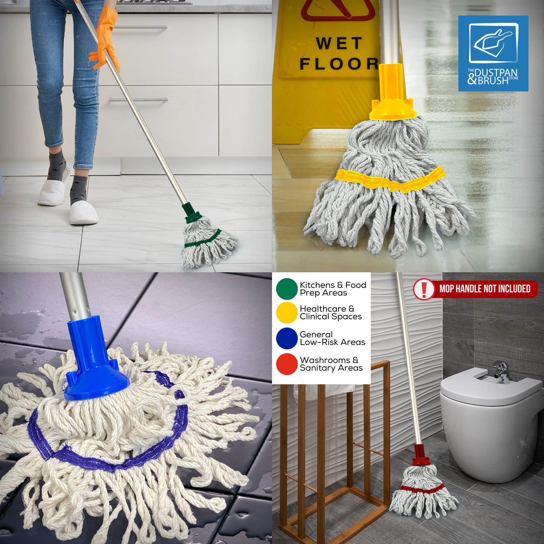 Collage of mops with different colored handles and a wet floor sign.