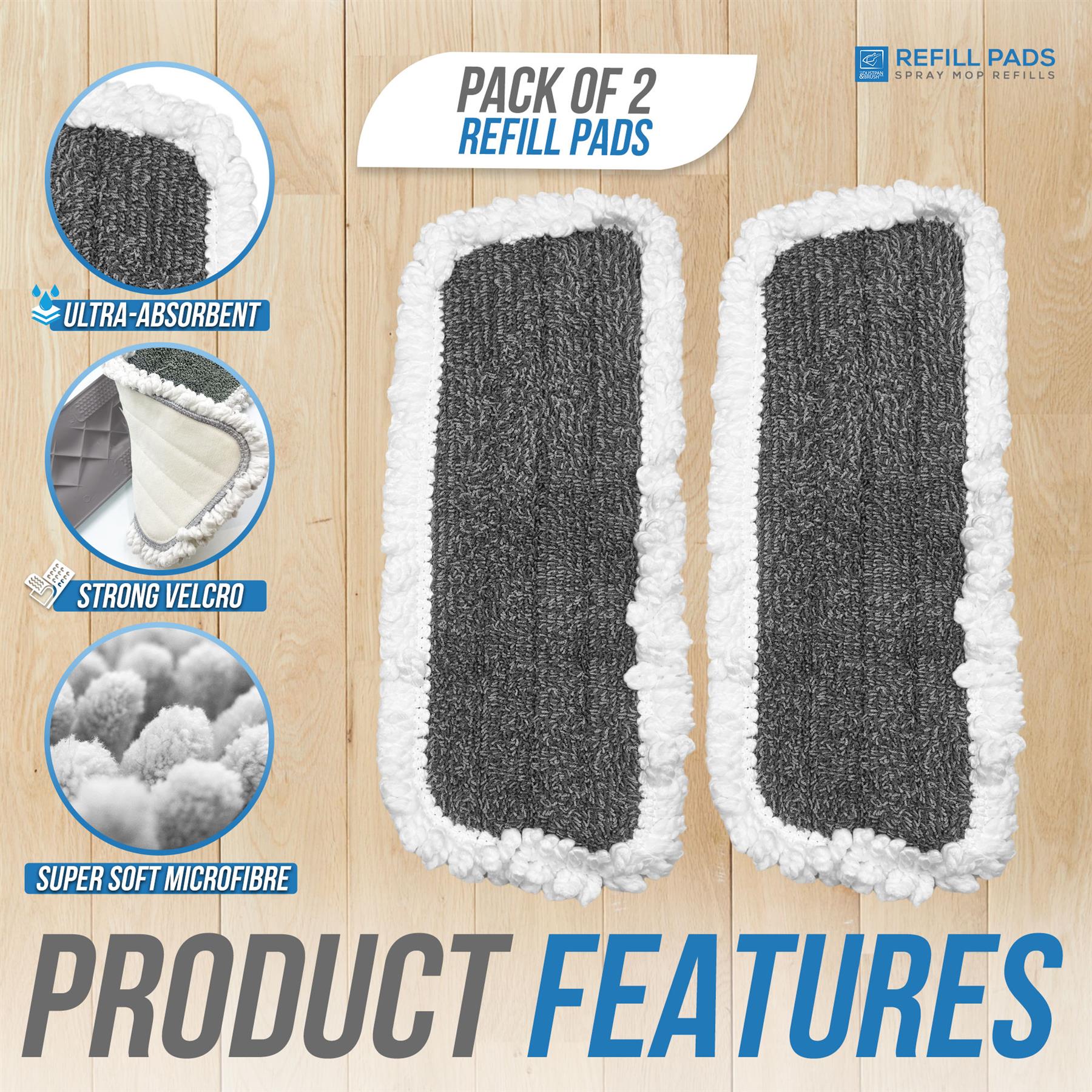 Two dark grey and white microfibre mop pads on a light wood background, with circular feature callouts and text reading 'Pack of 2 Refill Pads' and 'Product Features.'.