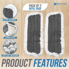 Two dark grey and white microfibre mop pads on a light wood background, with circular feature callouts and text reading 'Pack of 2 Refill Pads' and 'Product Features.'.