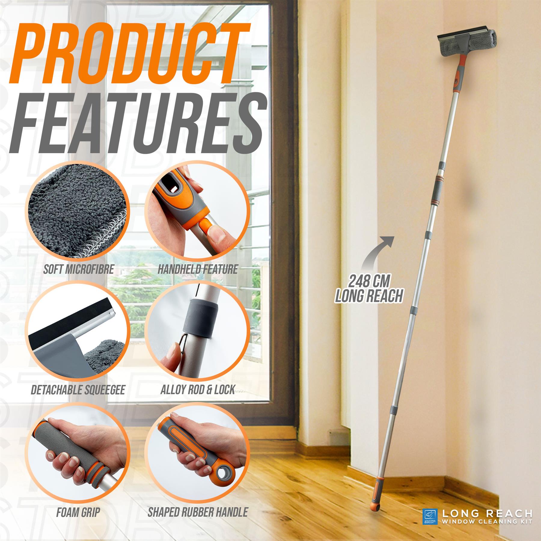 Window cleaning tool with features highlighted on a window cleaning demonstration.