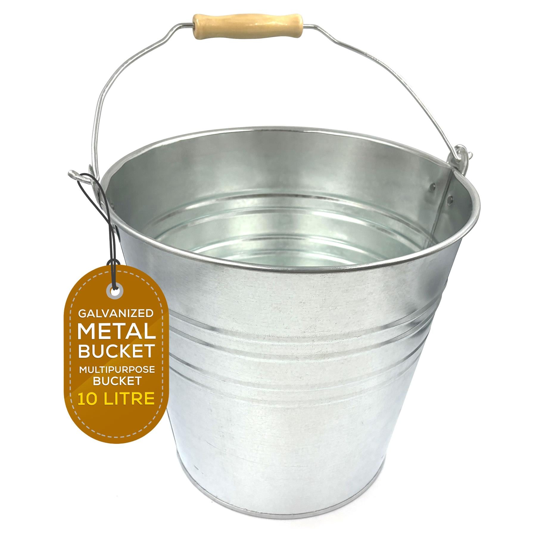 10 Litre Galvanised Steel Metal Bucket with Wooden Handle
