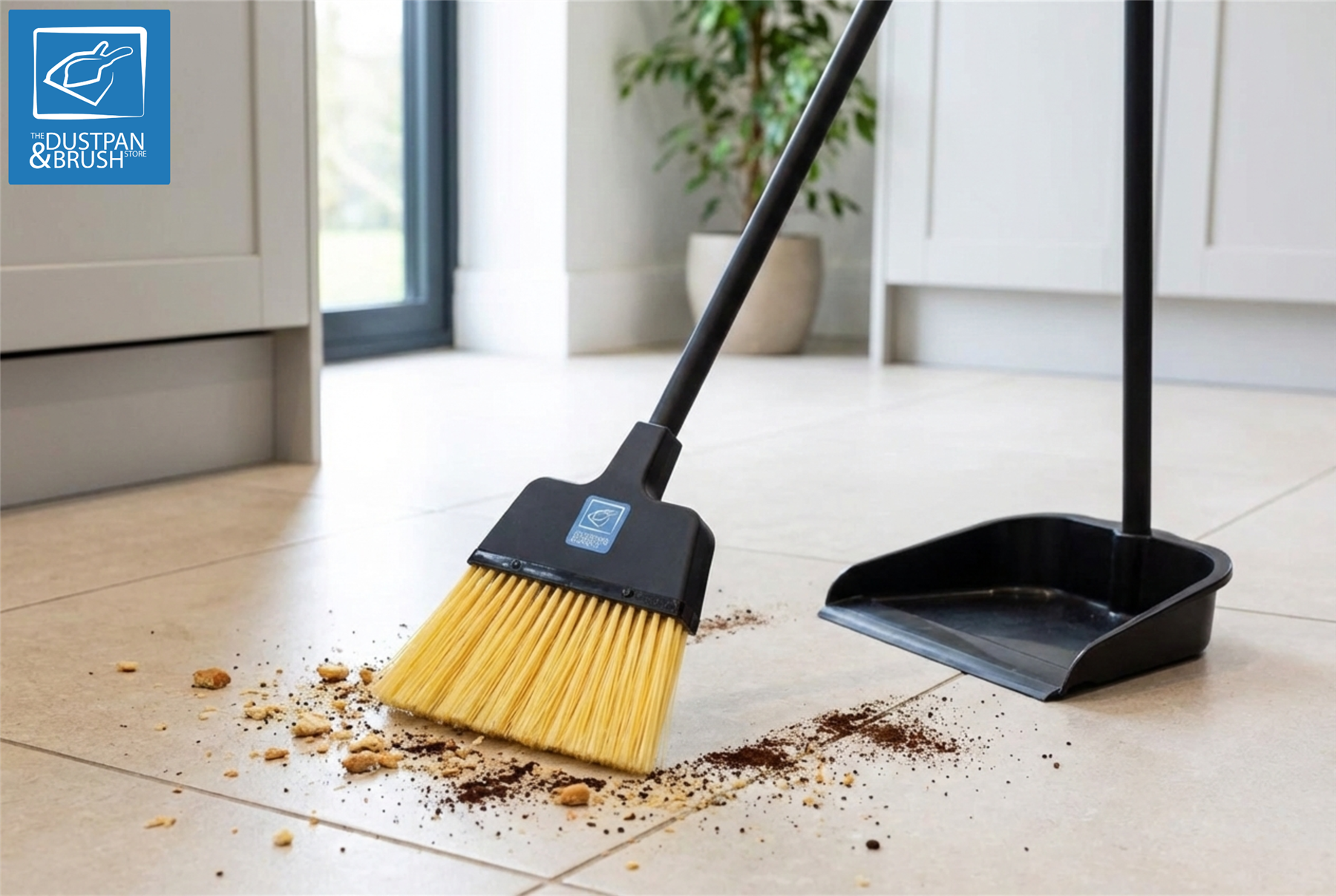 A black floor brush with yellow bristles and a matching black dustpan are shown on a light tile floor, with crumbs in the brush path. A blue 'Clean Strain & Brush' logo appears in the top-left corner.
