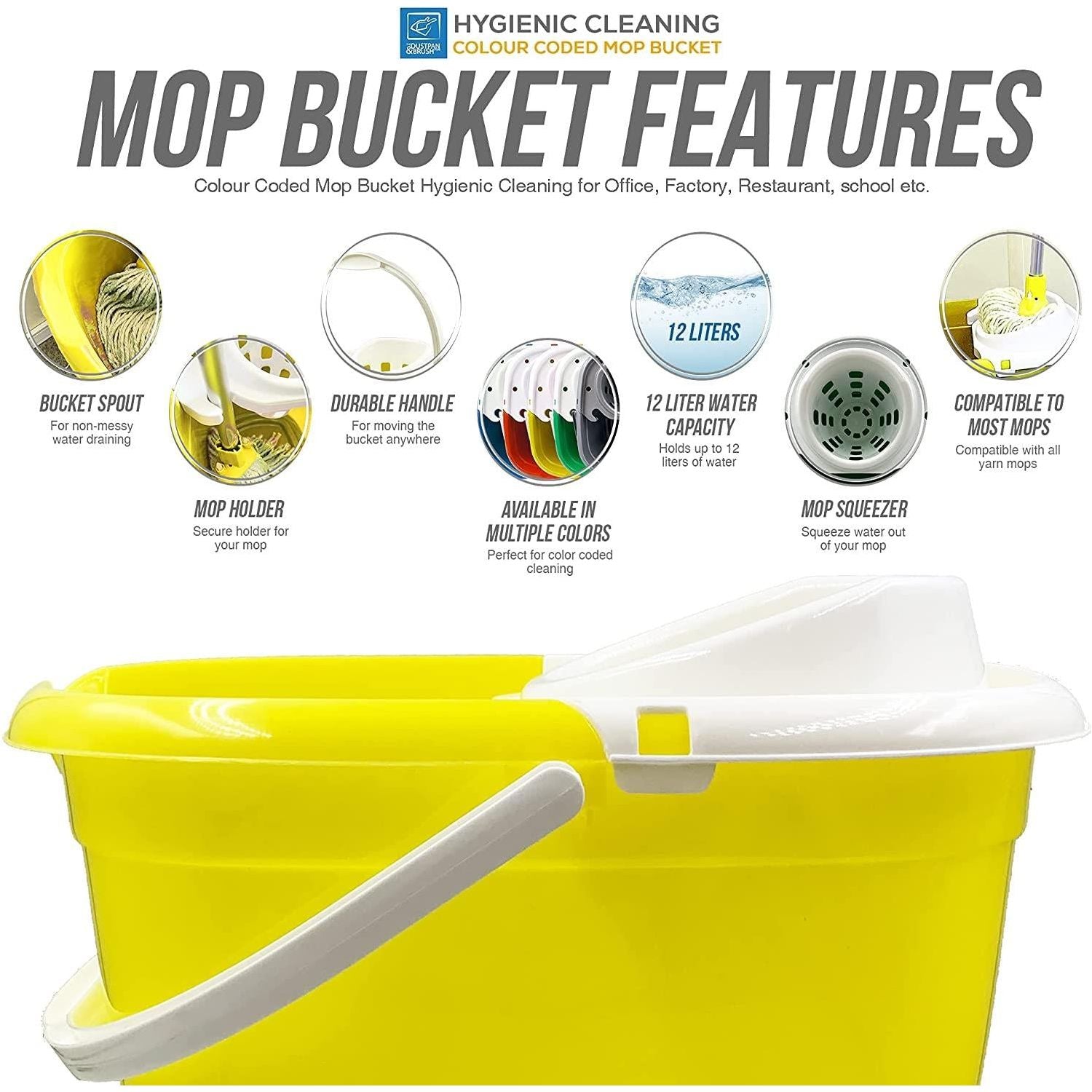 12L Yellow Plastic Mop Bucket and Wringer