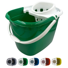 12L Green bucket with white handle and interior, featuring colour swatches below on a white background.