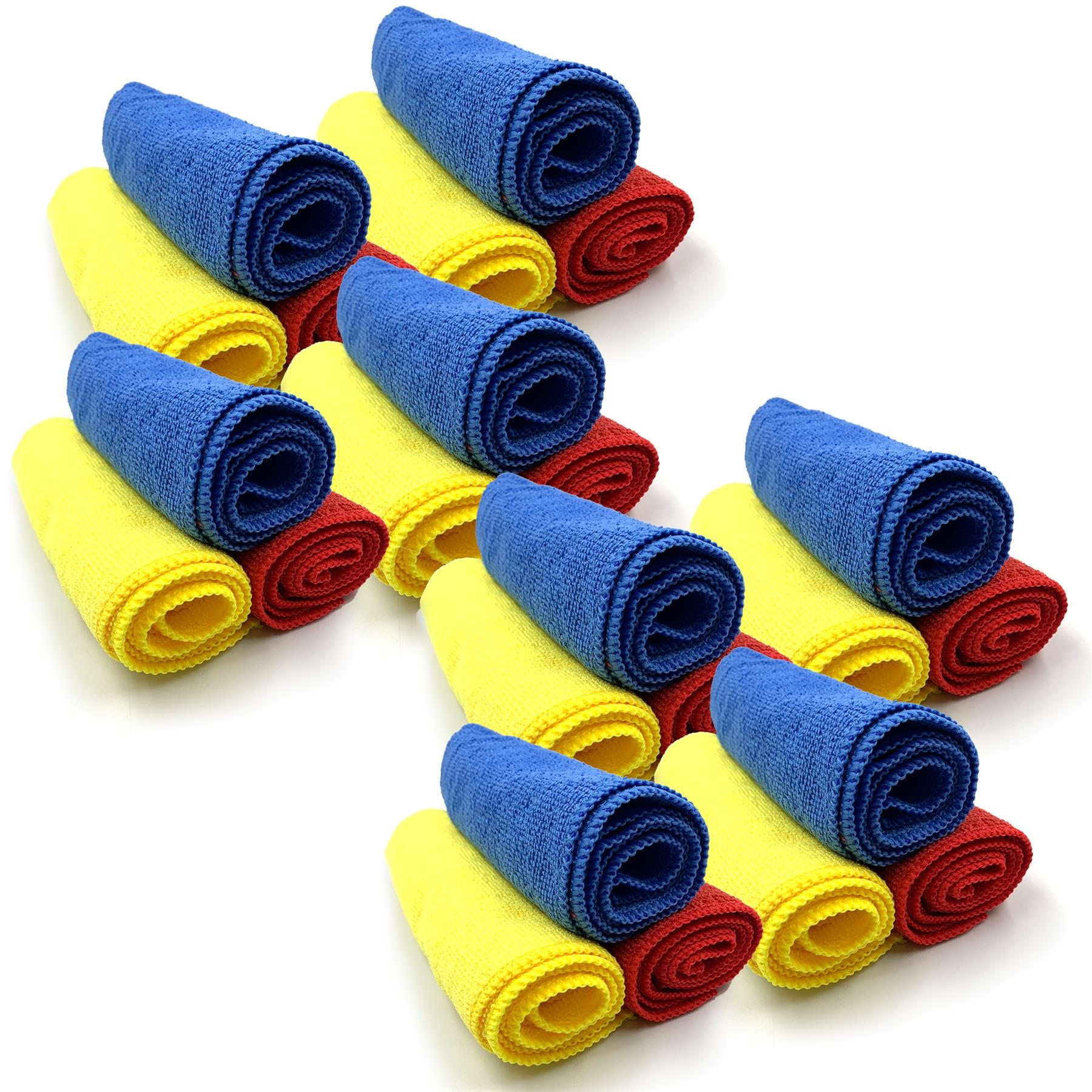 24 microfiber cleaning cloths, each set with a blue cloth on top of a yellow and red cloth, arranged on a plain white background.
8 packs of 3