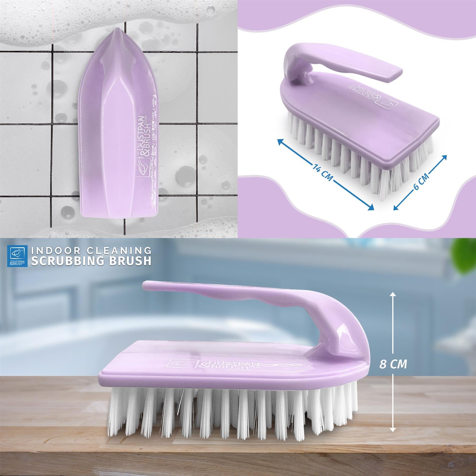 Lilac Iron scrubbing brush with bristles Dimensions on a tiled wall background