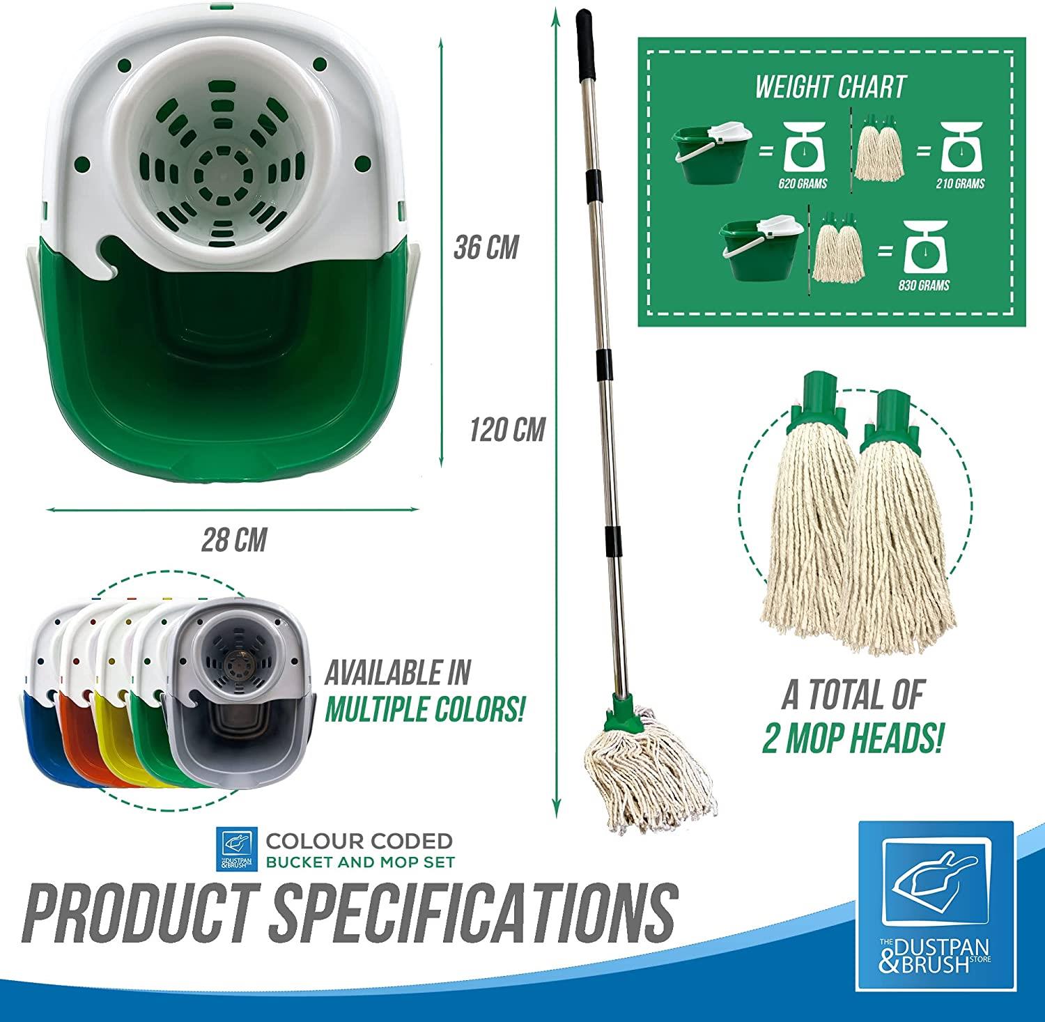 Green Mop Bucket with 2 Cotton Mop Heads and 4 Piece Handle
