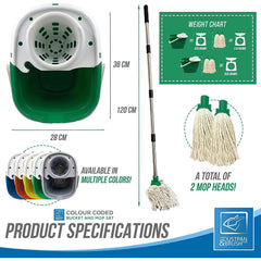 Green Mop Bucket with 2 Cotton Mop Heads and 4 Piece Handle