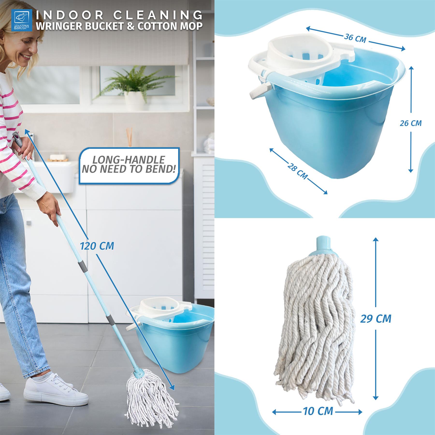 Indoor cleaning wringer bucket and cotton mop shown with dimension callouts and a lifestyle inset of a woman using the mop. The product includes a light blue wringer bucket, white cotton mop head, and long handle, with measurements labeled on a white and light blue background.
