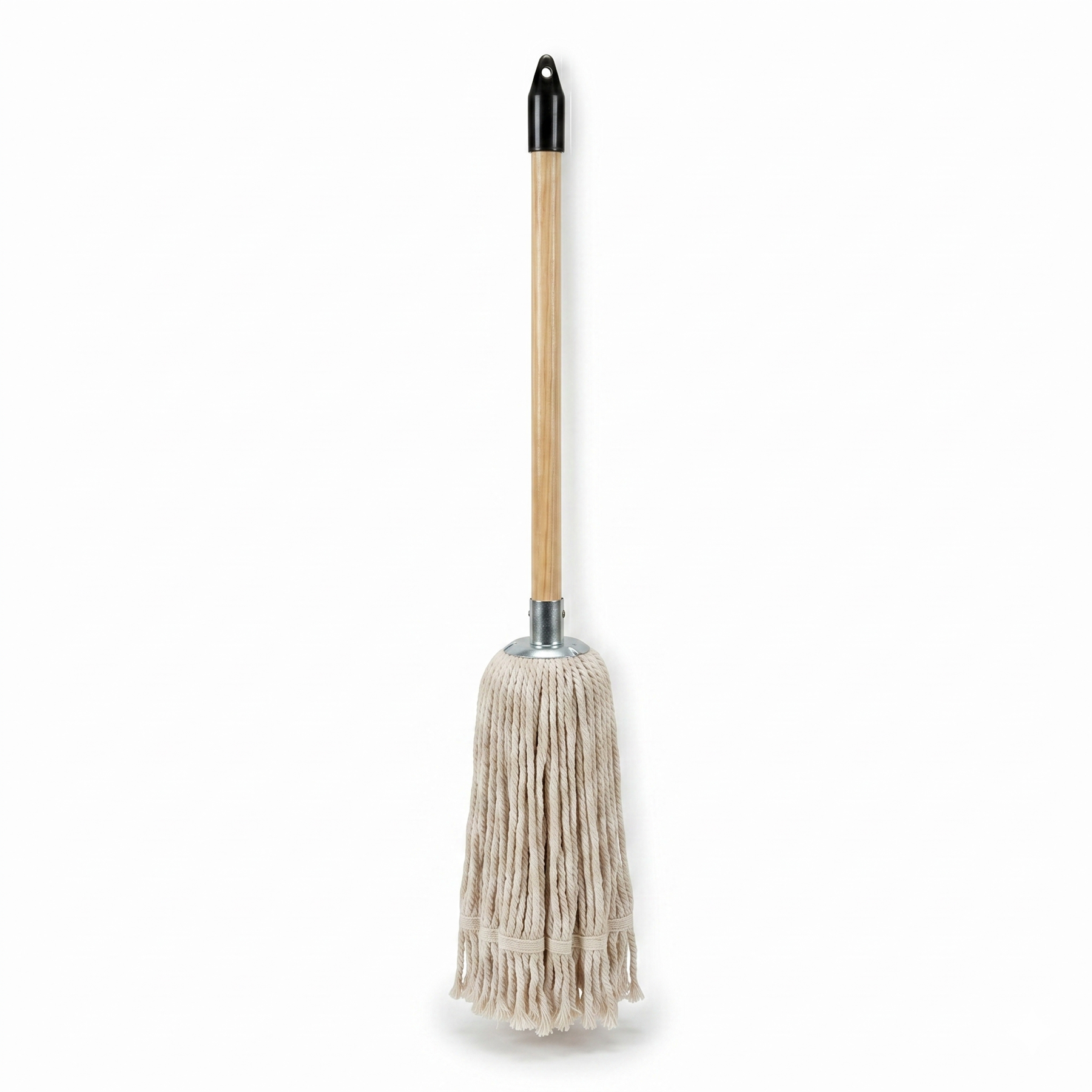 Children's Mop with a wooden handle and black top on a white background