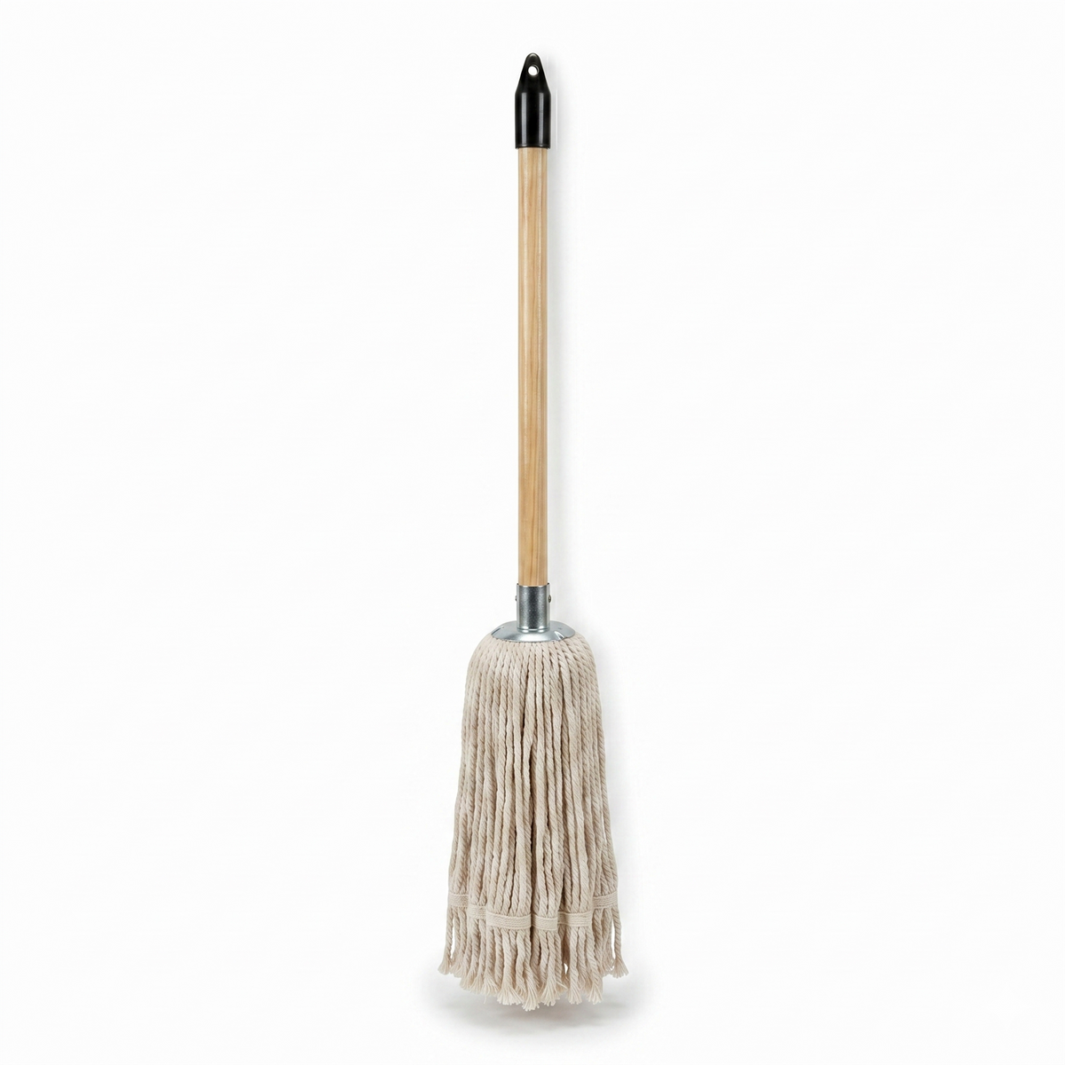 Children's Mop with a wooden handle and black top on a white background