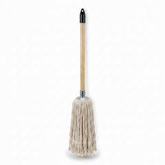 Children's Mop with a wooden handle and black top on a white background