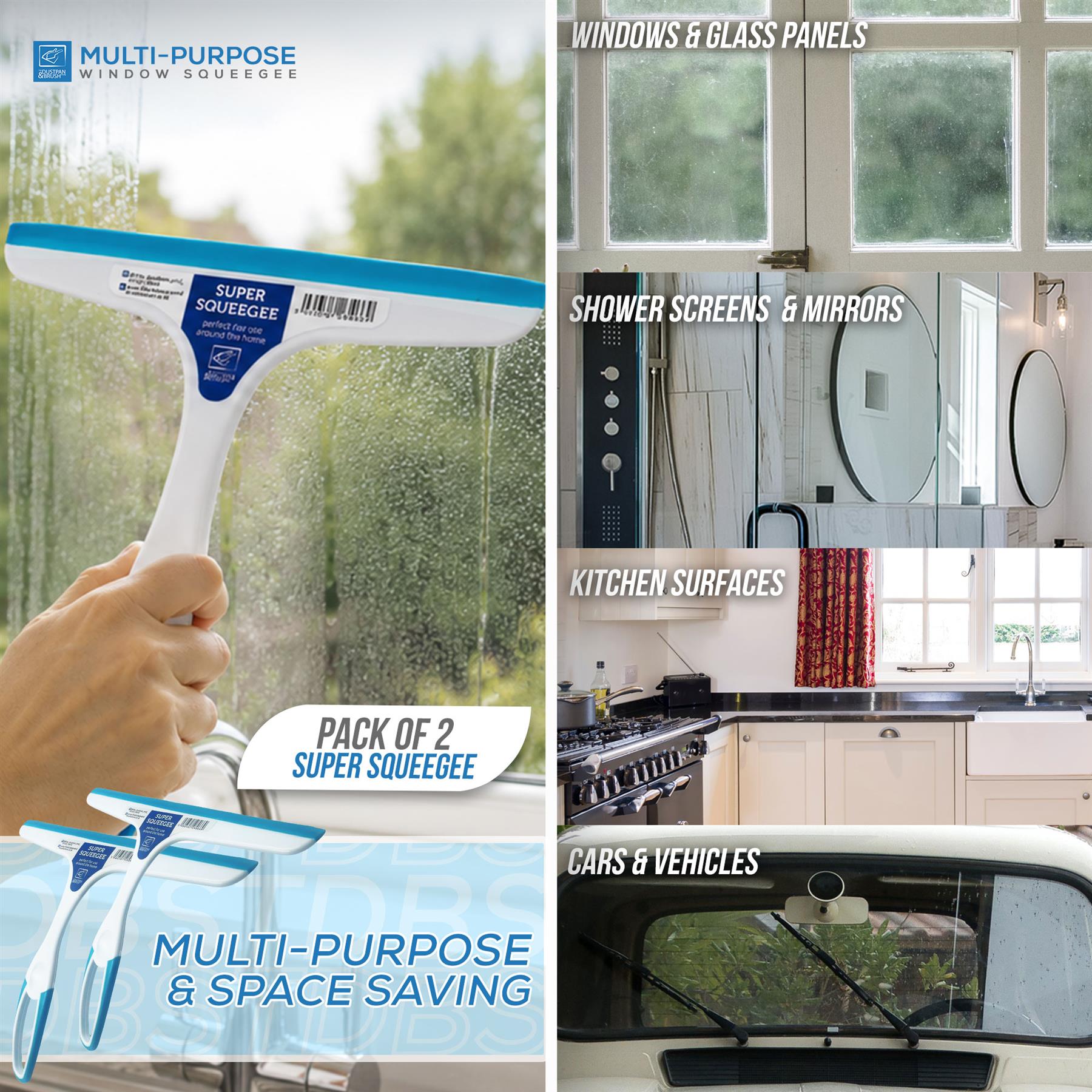 Window & Shower Squeegee Pack of 2 – Blue & White - The Dustpan and Brush Store