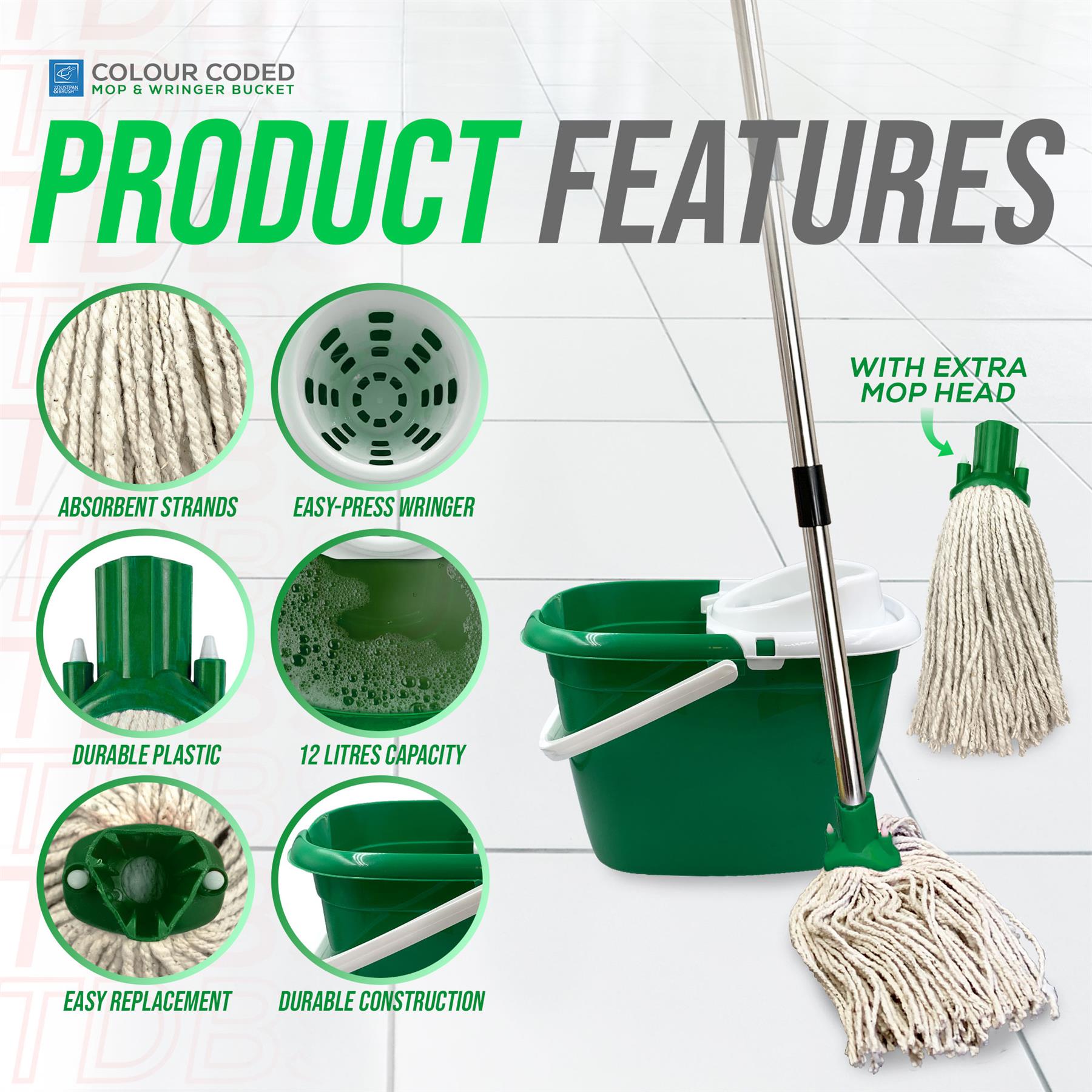 A green and white plastic mop bucket with a long silver-handled mop and a separate close-up of the mop head, shown on a light tiled floor with feature callouts and circular inset images explaining the product's design and materials.