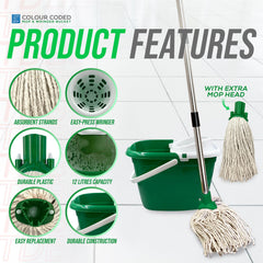 A green and white plastic mop bucket with a long silver-handled mop and a separate close-up of the mop head, shown on a light tiled floor with feature callouts and circular inset images explaining the product's design and materials.