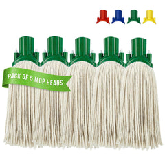 Pack of 5 cotton mop heads with green plastic collars, shown on a white background with a green banner reading 'PACK OF 5 MOP HEADS' and small color options at the top.