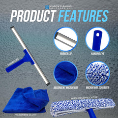 Window cleaning squeegee kit with features highlighted on a gray background