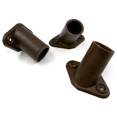 Three dark brown metal cylindrical pipe couplings with flat mounting flanges, shown on a clean white background.