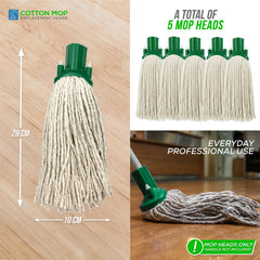 Cotton mop replacement heads shown in a composite listing graphic. The left panel shows a single mop head on a wood floor with dimension arrows labeled 29 cm tall and 10 cm wide.