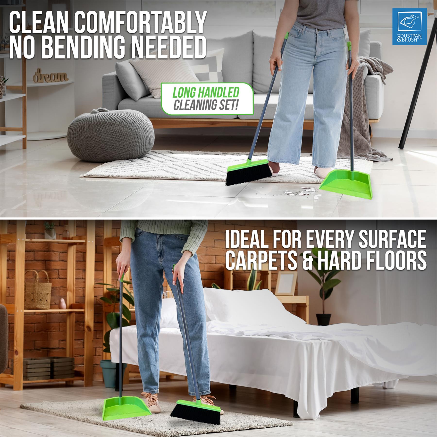 A two-panel promotional image showing a long-handled cleaning set in use in a living room and bedroom. The set includes a bright green dustpan and matching broom with a long handle.