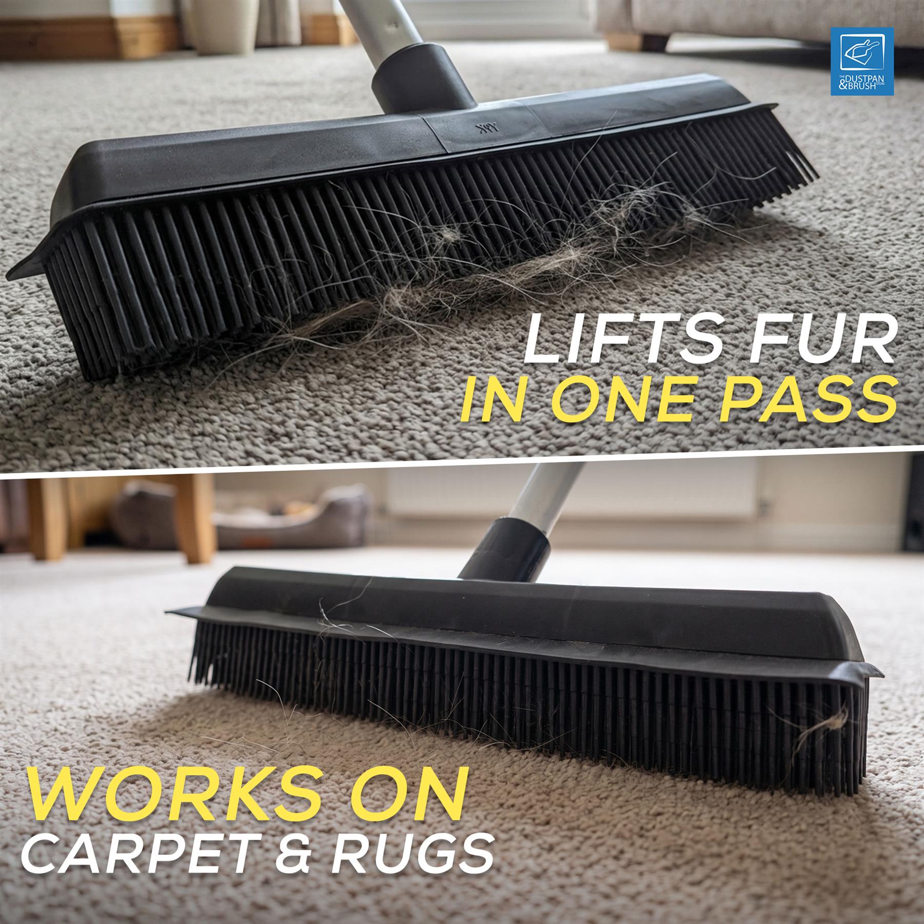 Rubber Broom Pet Hair Remover for Carpets & Hard Floors - Fixed Handle