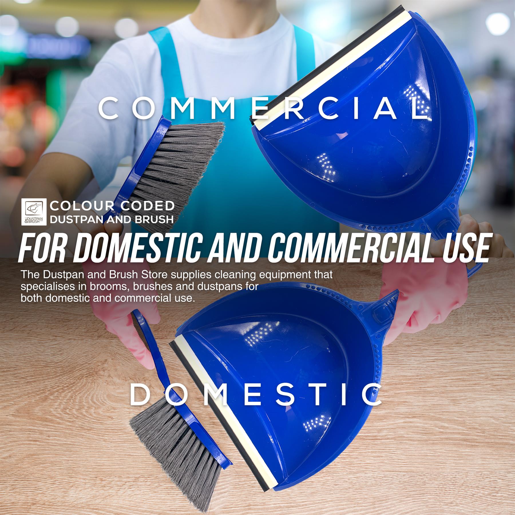 Cleaning equipment with 'Commercial' and 'Domestic' labels on a blurred background