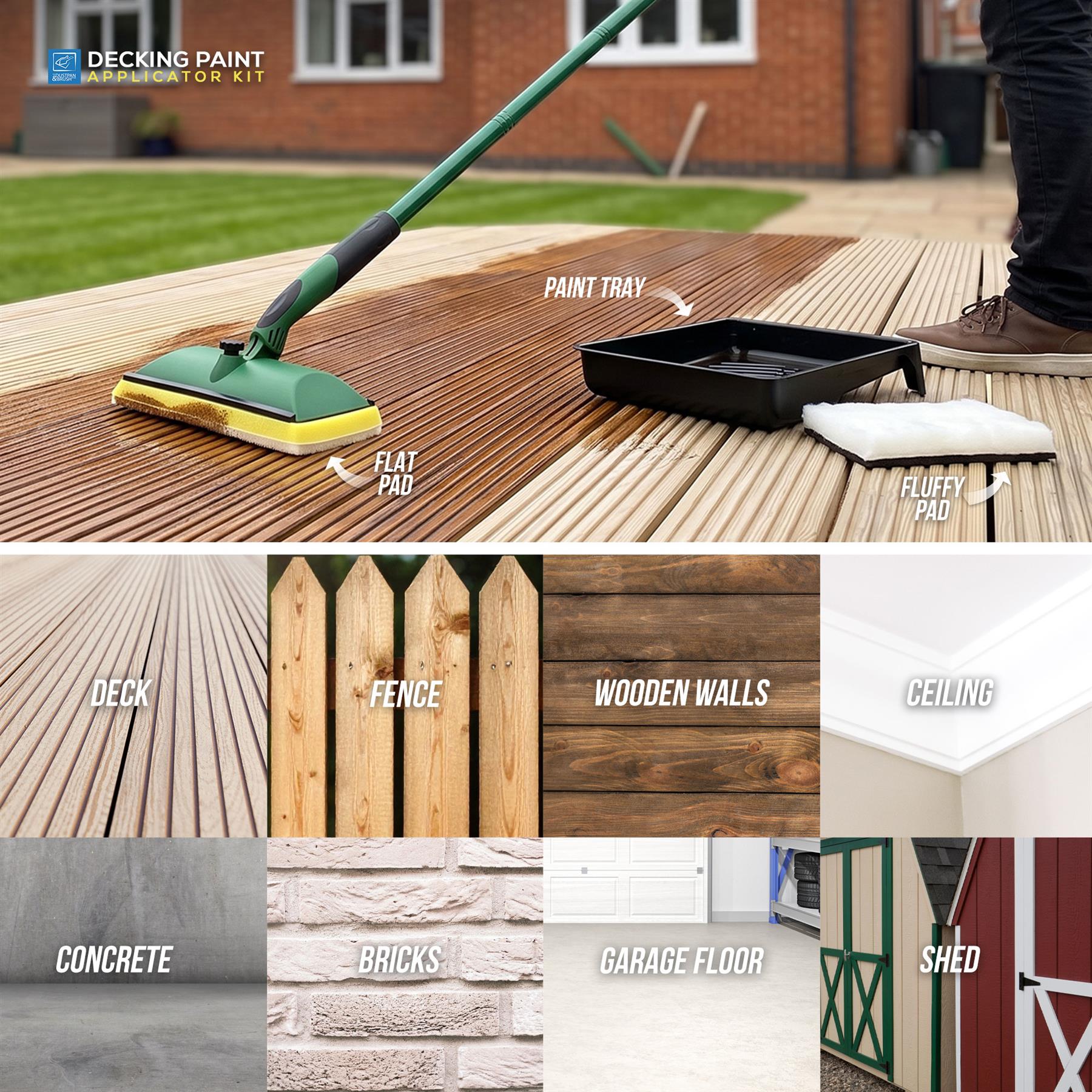 A collage showing a deck cleaning product in use on a wooden deck, with a person's lower legs visible. The top panel shows a green-handled flat pad and roller tool, a paint tray, and a white fluffy pad on the deck, with labels pointing to each.