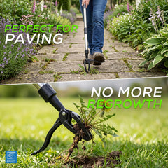 A split promotional image for a weed-and-grass removal tool. The top half shows a person using the tool on a stone pathway between green plants, with text reading 'PERFECT FOR PAVING.
