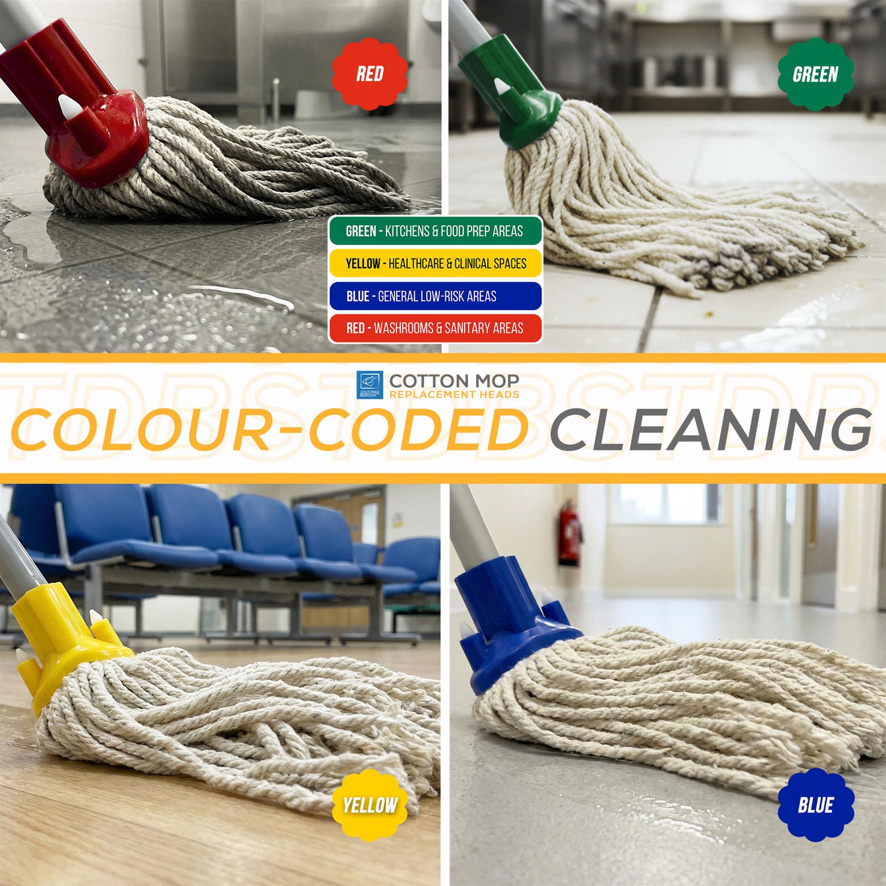 A four-panel promotional collage for a cotton mop with rope head, showing four color options: red, green, yellow, and blue. Each panel shows the mop head and part of the mop in a real indoor environment (tile floor, wooden floor, cafeteria seating, and restroom floor), with labels indicating the color and suggested use.