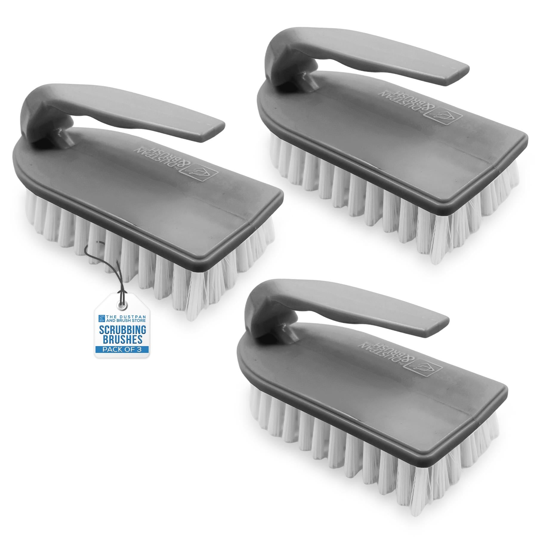 Three grey scrubbing brushes with white bristles arranged on a white background