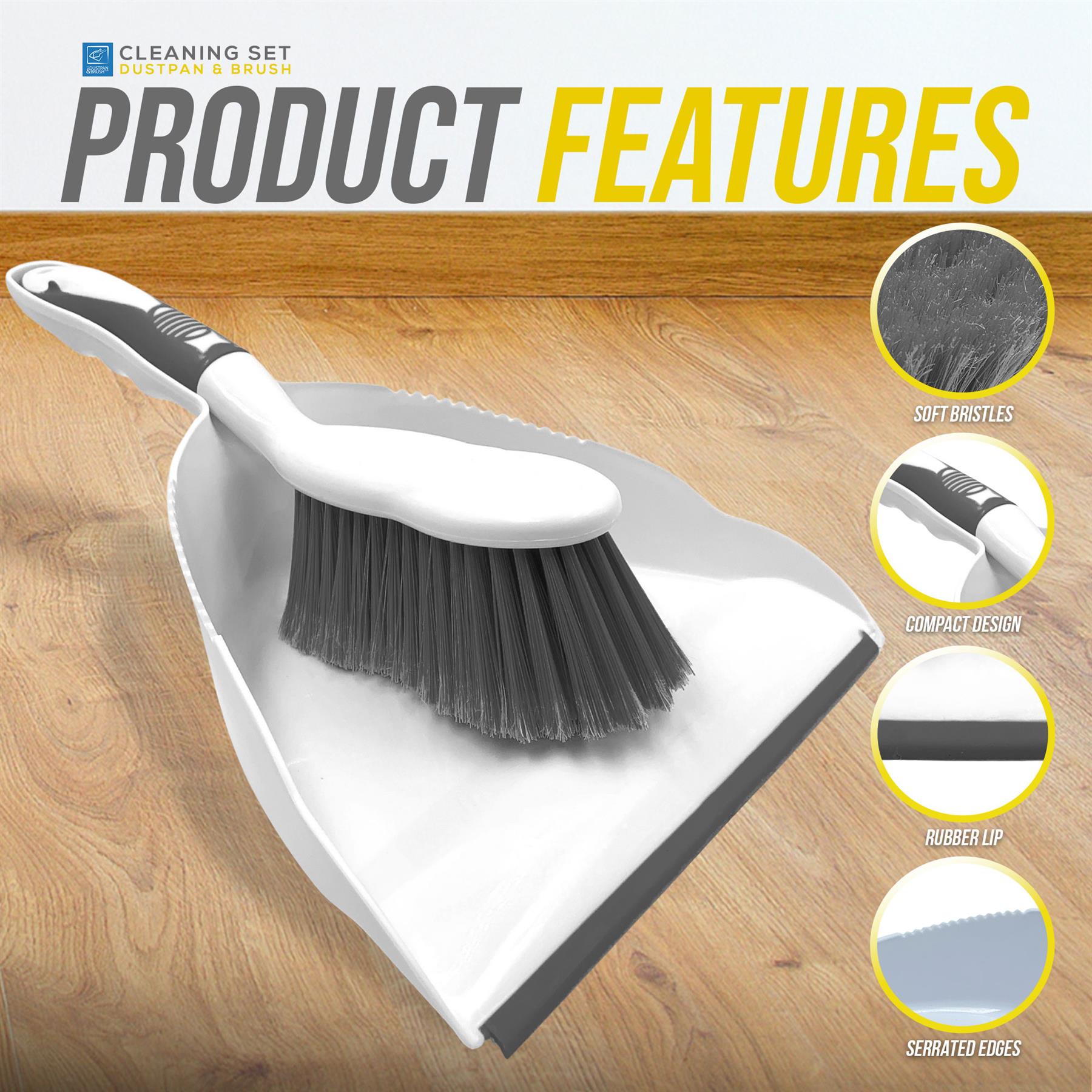 Cleaning set with dustpan and brush on a wooden surface, featuring product features.