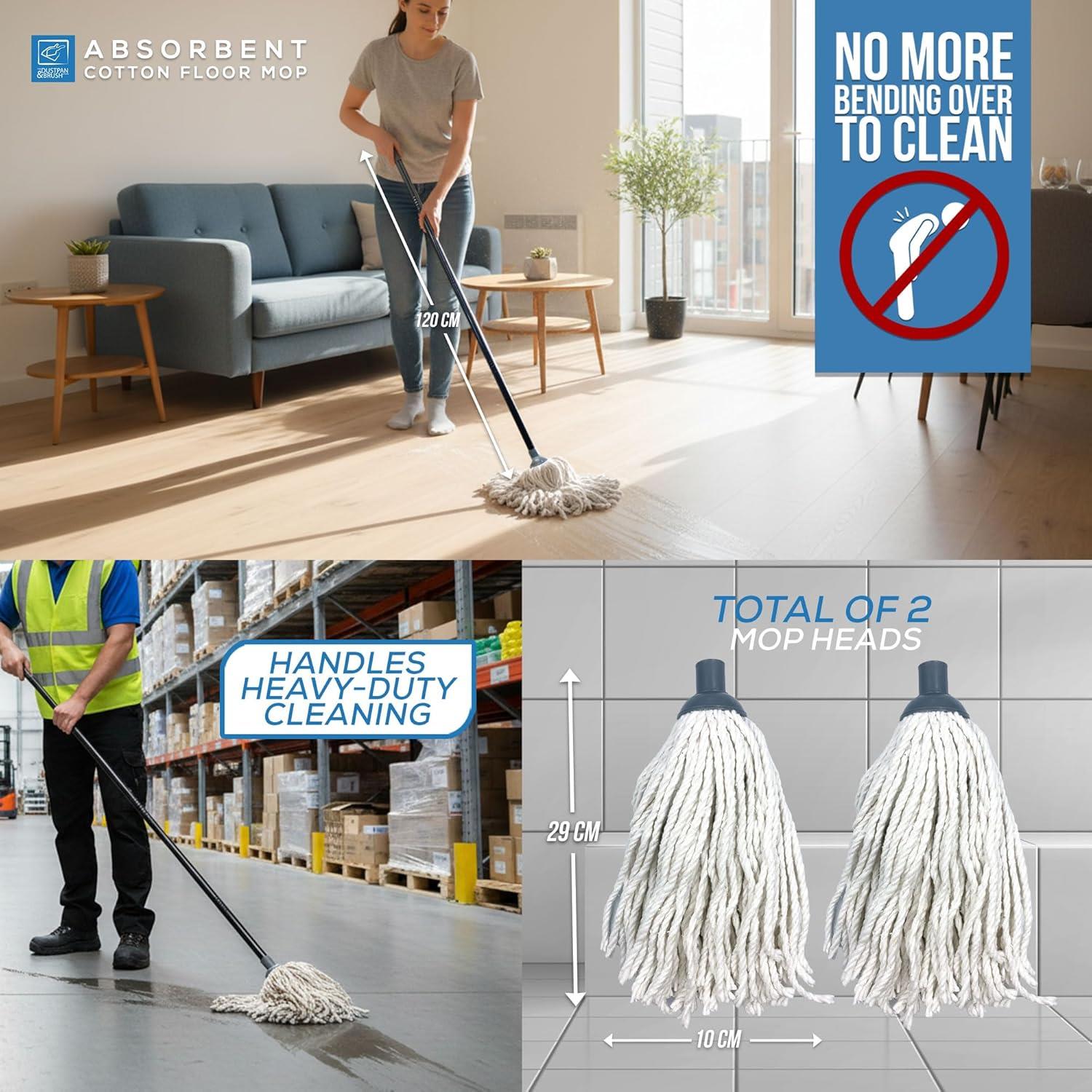 A promotional image showing the Traditional Cotton Floor Mop dimensions and measurements, it shows the length of the mop handle and the height and width of the op heads 