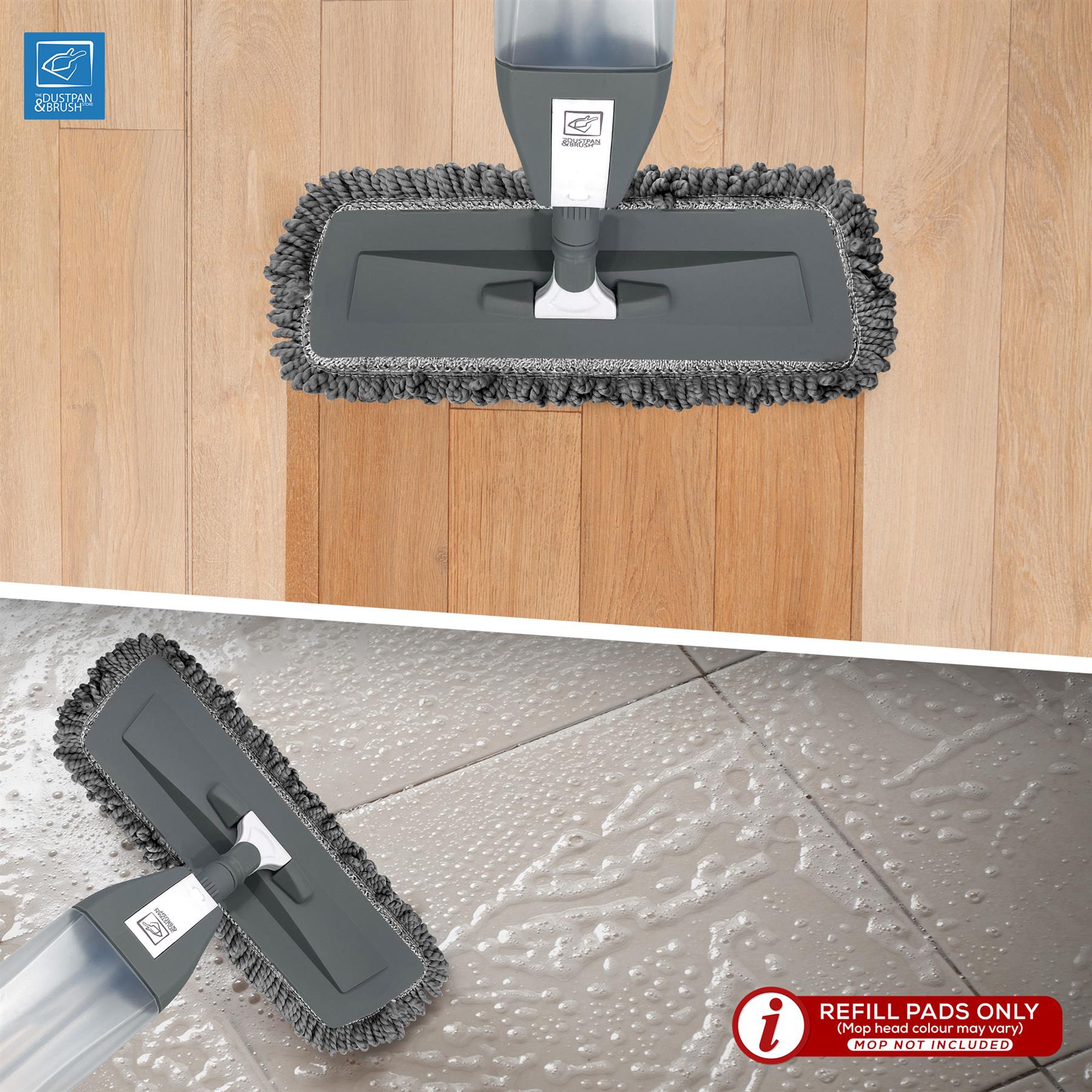 A microfibre floor mop shown from above on a light wood floor and from a side angle on a wet grey tile floor, a red 'REFILL PADS ONLY' notice in the bottom-right corner.