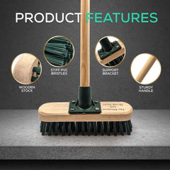 Cleaning brush with wooden stock and bristles, featuring product features on a gray background.