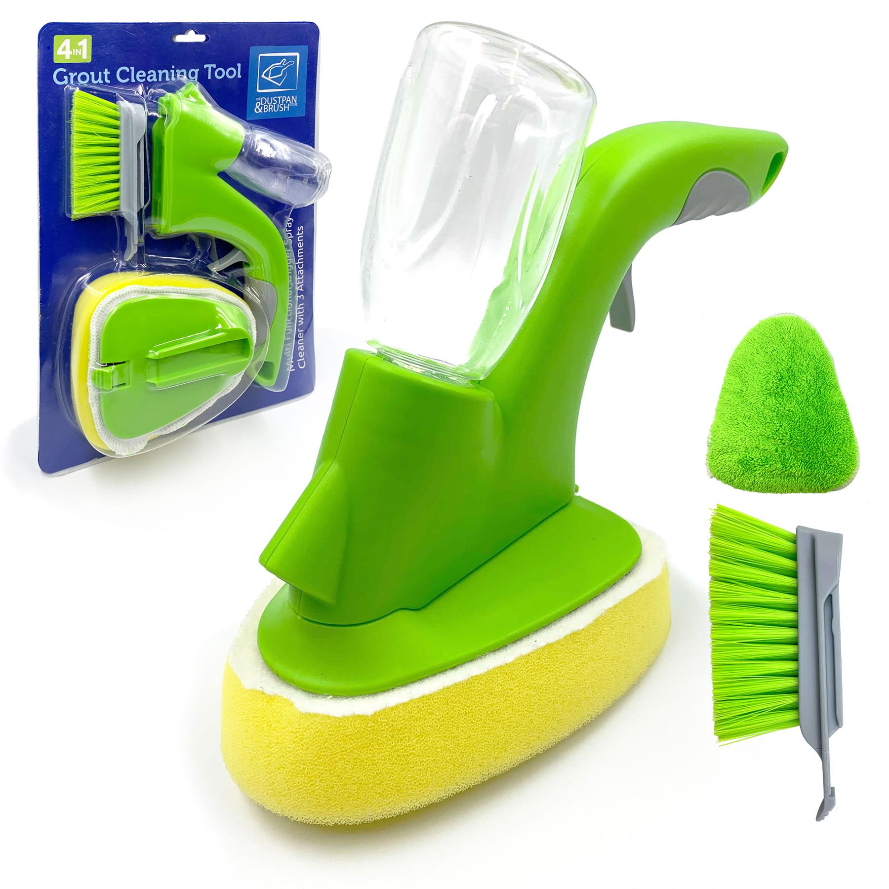 4 in 1 Grout and Tile Spray Cleaning Kit
with a sponge holder, brush, and packaged accessories on a white background.