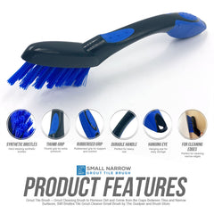 Small narrow grout tile brush with blue bristles and black handle on a white background, featuring product features.