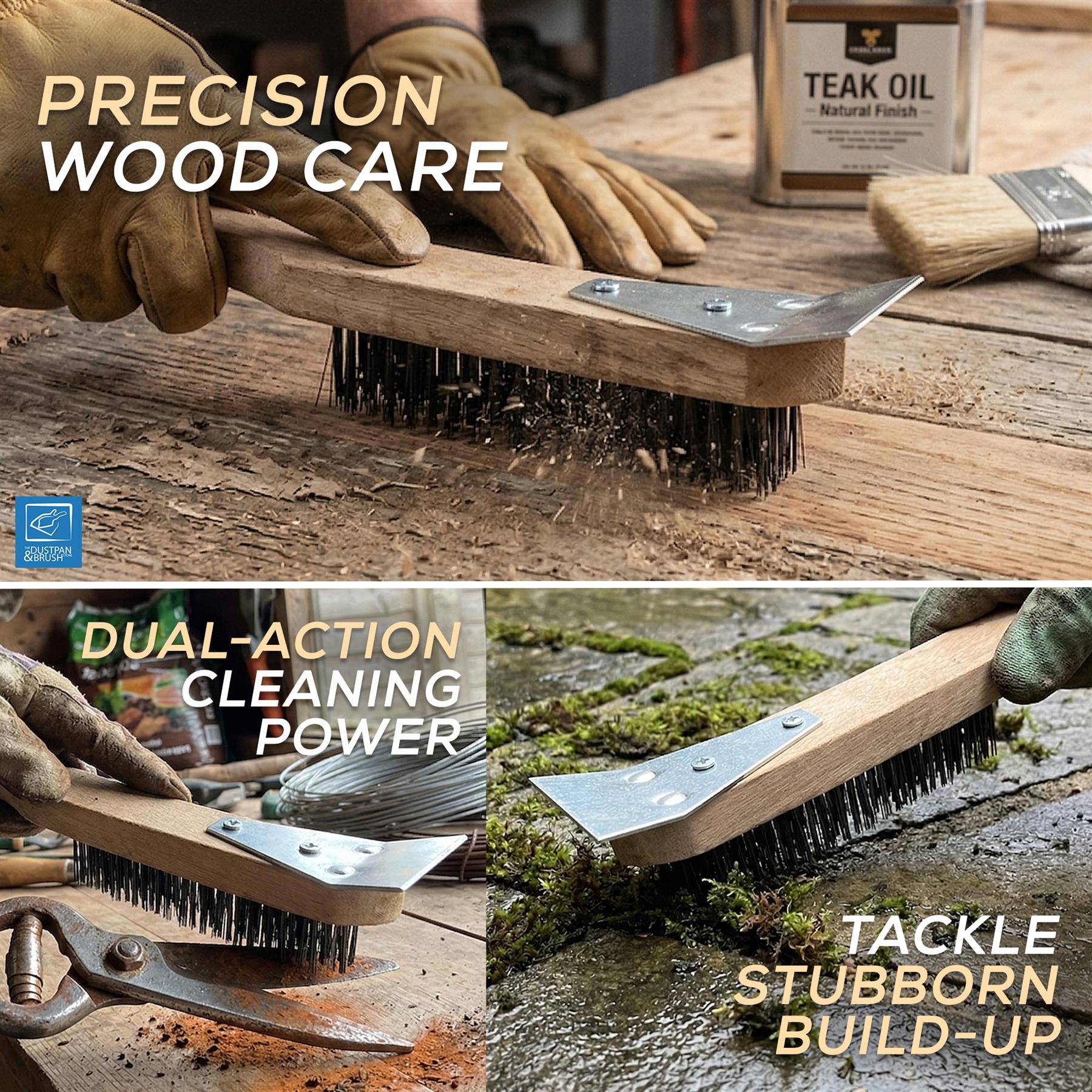 A collage showing a dual-action wood cleaning brush in use on a workbench, outdoors on mossy stone, and with gloved hands demonstrating cleaning action. Text overlays read 'PRECISION WOOD CARE,' 'DUAL-ACTION CLEANING POWER,' and 'TACKLE STUBBORN BUILD-UP.