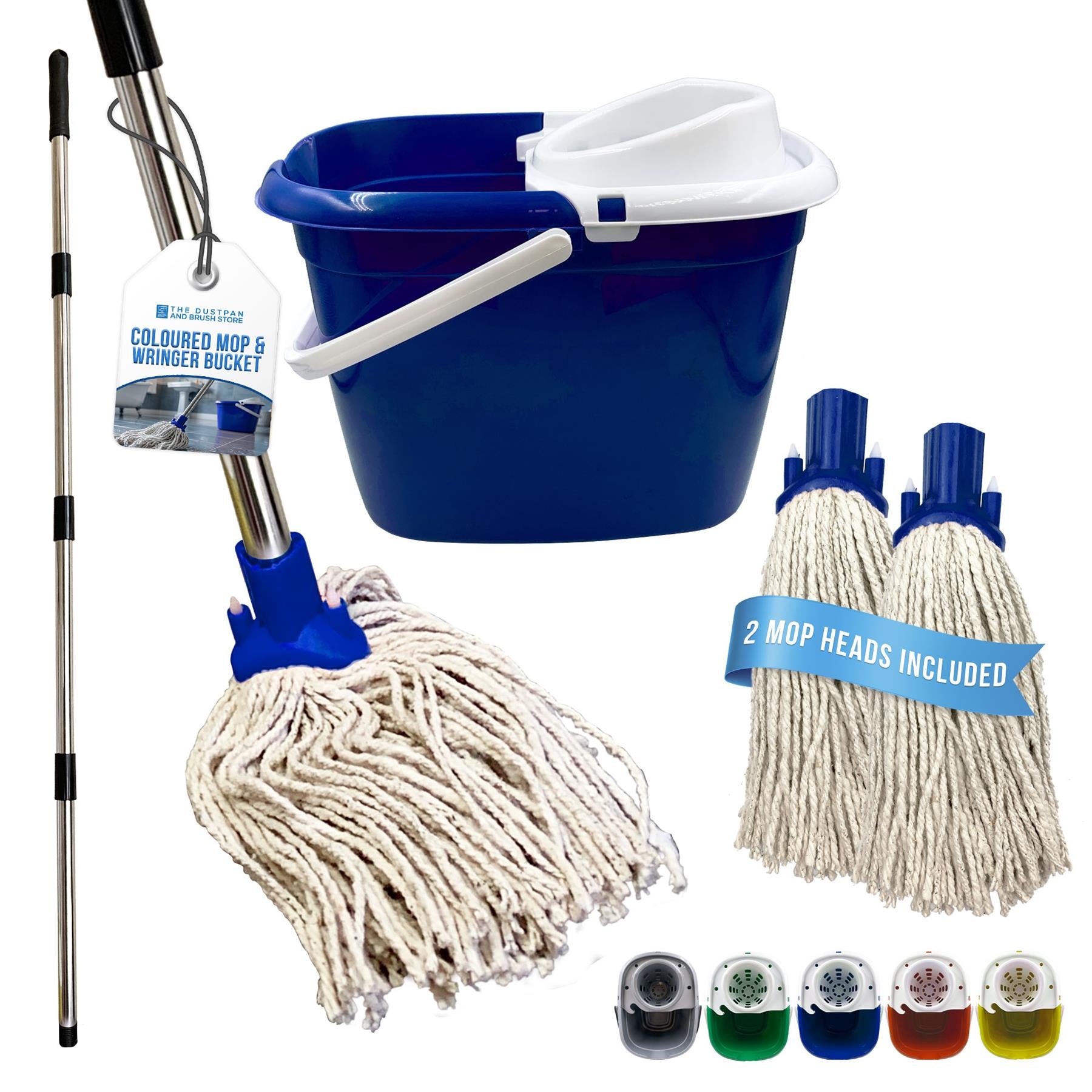 A cleaning set on a white background featuring a blue wringer bucket, a long-handled mop with a white cord head, two additional mop heads, and a small row of color options. Text overlays read 'COLLEGE FRESH' and '2 MOP HEADS INCLUDED'.