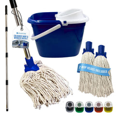 A cleaning set on a white background featuring a blue wringer bucket, a long-handled mop with a white cord head, two additional mop heads, and a small row of color options. Text overlays read 'COLLEGE FRESH' and '2 MOP HEADS INCLUDED'.