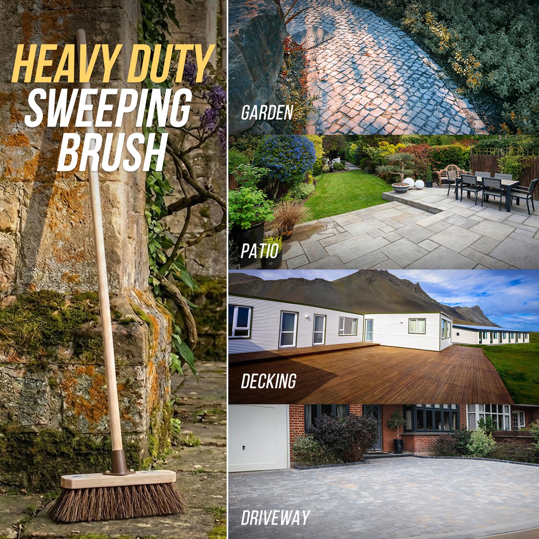 A heavy-duty sweeping brush leaning against a stone wall on the left, with a collage of outdoor surfaces on the right labelled Garden, Patio, Decking, and Driveway to show cleaning use cases.