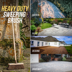 A heavy-duty sweeping brush leaning against a stone wall on the left, with a collage of outdoor surfaces on the right labelled Garden, Patio, Decking, and Driveway to show cleaning use cases.