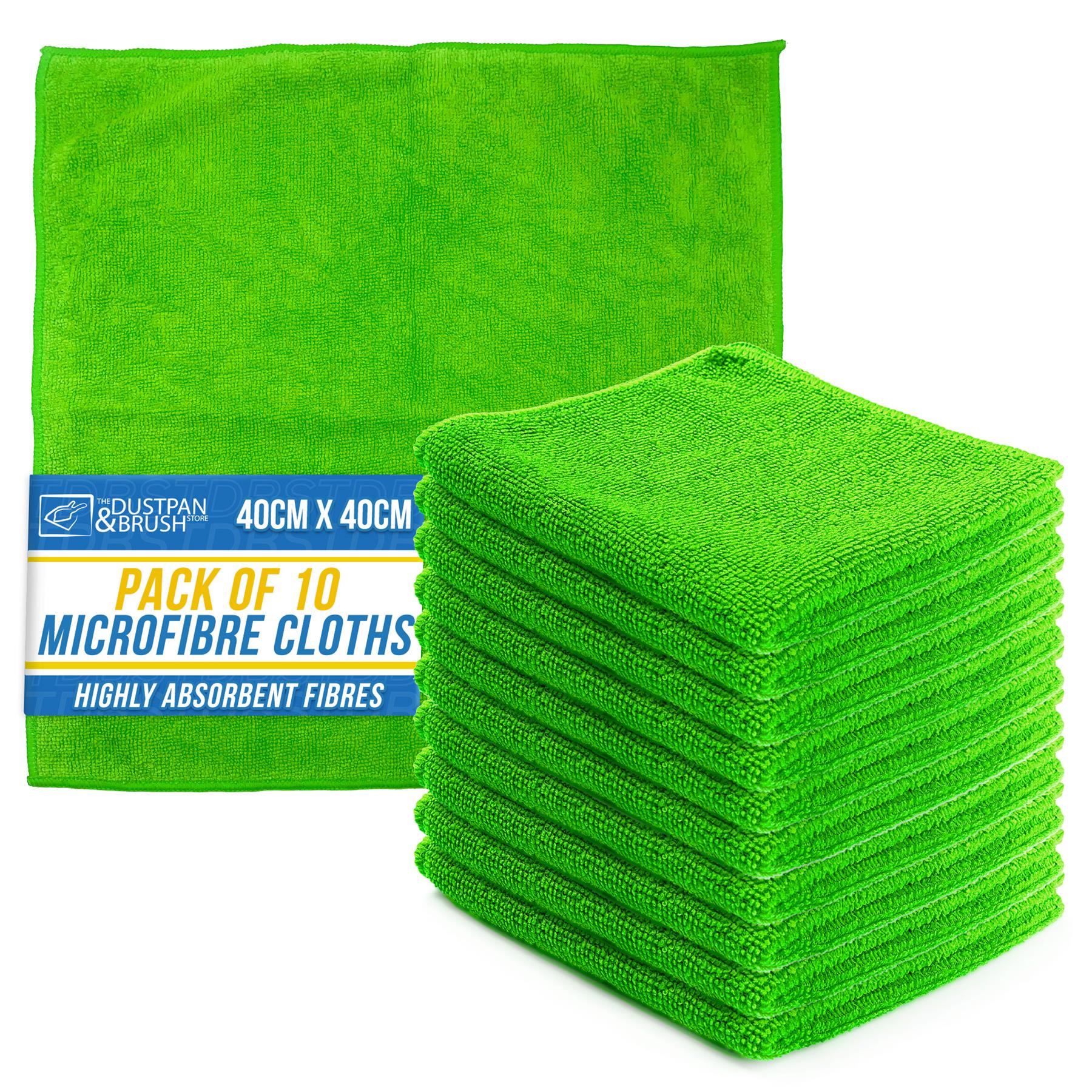 A pack of ten bright green microfibre cleaning cloths, with one unfolded cloth showing the texture and a stack of ten folded cloths in front. The packaging label reads 'DUSTPAN & BRUSH' and 'PACK OF 10 MICROFIBRE CLOTHS 40CM X 40CM'.