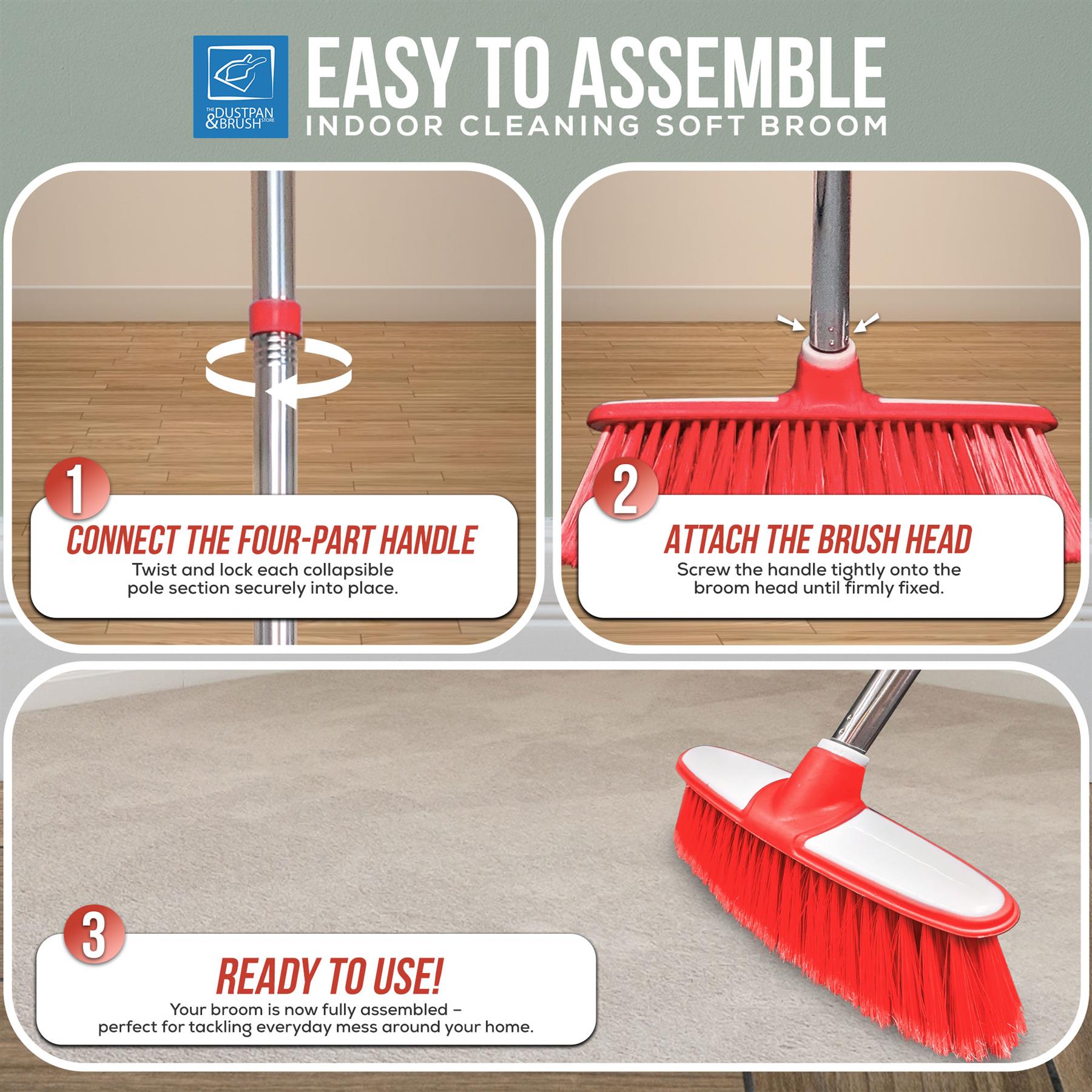 Step-by-step assembly instructions for an indoor cleaning soft broom with a red brush head.